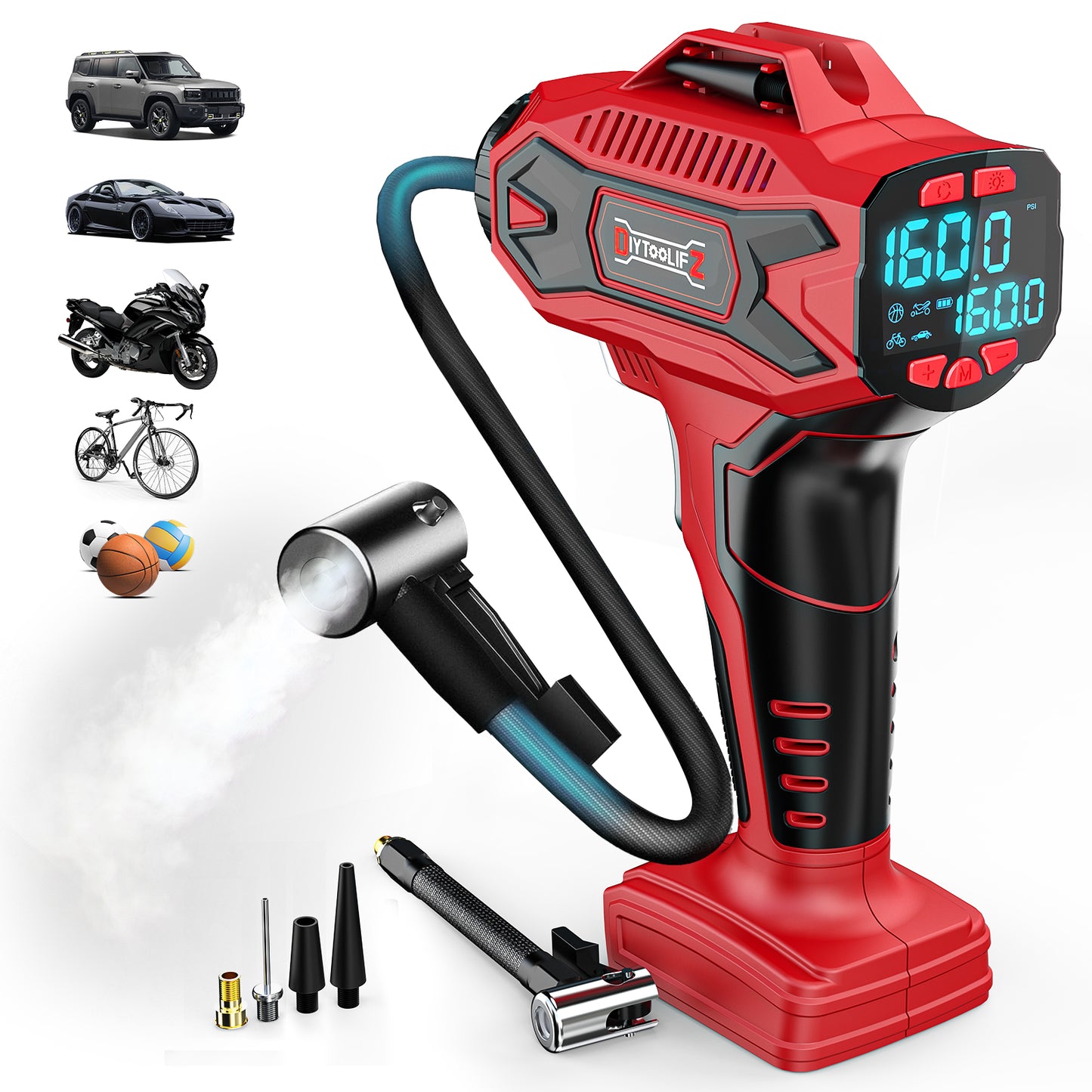 DIYtoolifz 160PSI Tire Inflator Compatible with Milwauke 18V Battery | Portable Air Compressor Cordless Air Pump with Digital Pressure Gauge for Cars, SUV, Motorcycles, Bikes, Balls (Tool Only)