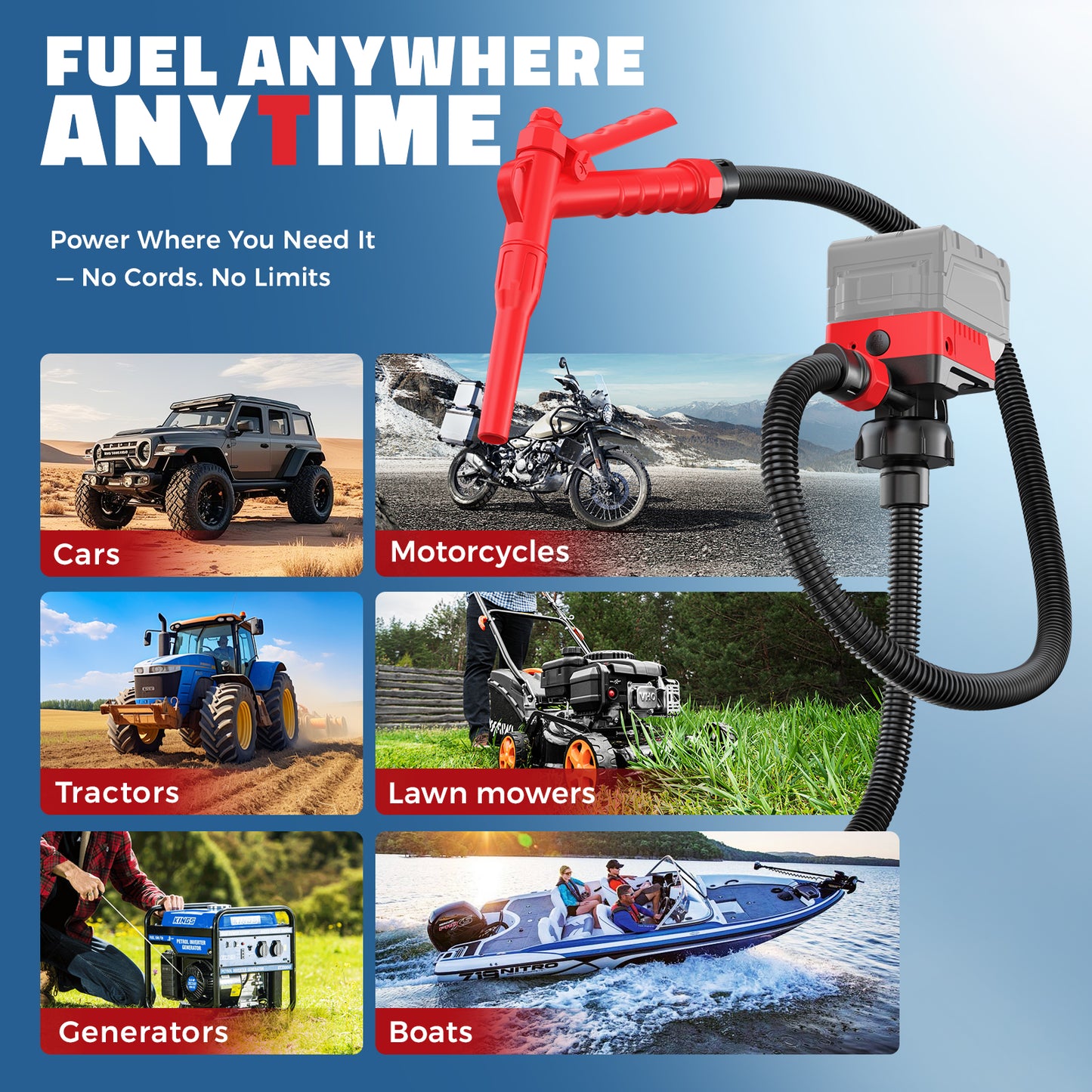 DIYtoolifz 5 GPM Cordless Fuel Transfer Pump Compatible with DeWalt 20V & Milwaukee 18V Batteries, Portable Gas Can Pump with 51" Hose, 5 Adapters, Gas Pump for Diesel, Gasoline (Bare Tool)