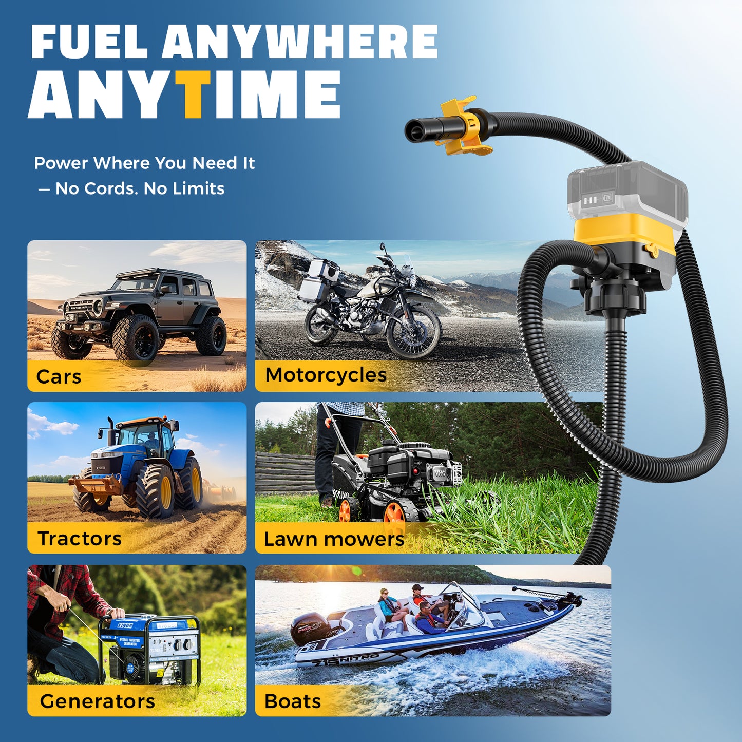DIYtoolifz Cordless Fuel Transfer Pump with Auto-Stop, 3.2 GPM Flow Portable Fuel Pump Compatible with DeWalt 20V & Milwaukee 18V Batteries, with 41'' Hose, 3 Adapters for Diesel, Gasoline (Bare Tool)