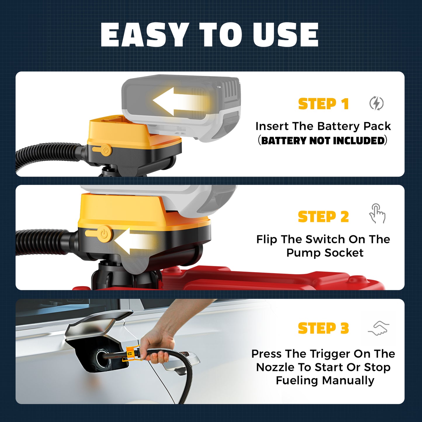 DIYtoolifz Cordless Fuel Transfer Pump with Auto-Stop, 3.2 GPM Flow Portable Fuel Pump Compatible with DeWalt 20V & Milwaukee 18V Batteries, with 41'' Hose, 3 Adapters for Diesel, Gasoline (Bare Tool)